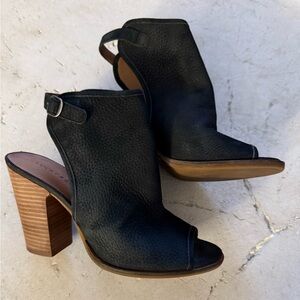 Lucky Brand Black Heeled Boots with Chunky Wooden Heel and Slingback Strap 7.5